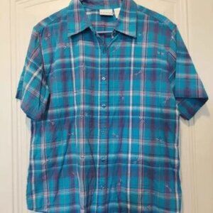 Bobbie Brooks Women's Blue Plaid Short Sleeved Shirt Dragonflies - L - EUC